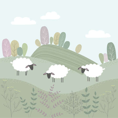 Vector spring landscape with fields and trees. White sheep stand in the meadow.のイラスト素材