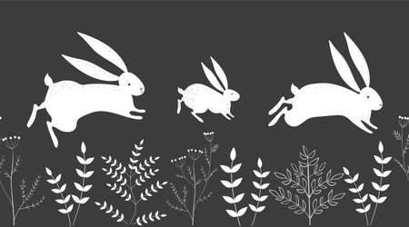 Seamless vector border with white hares and plants on a black background. Rabbits run.のイラスト素材