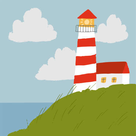 Vector scene with lighthouse and sea in hand drawn style. Simple illustration for children.のイラスト素材