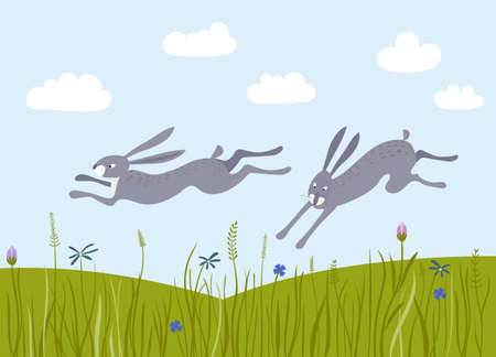 Hares run through the meadows. Vector landscape with flower fields.のイラスト素材