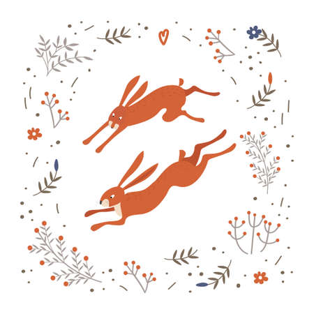 Two red hares are running through the fields. Fun rabbits. Frame from plants and flowers. Spring time.のイラスト素材