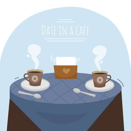 A date at a cafe. A table with two cups of coffee. Vector flat illustrationのイラスト素材