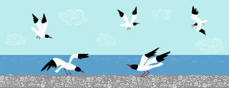 Vector set with seagulls in different poses on a background of the sea and sky.のイラスト素材