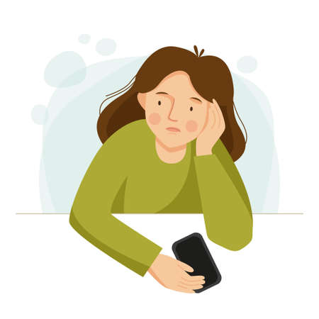 Sad girl is sitting with the phone. The woman has problems.のイラスト素材