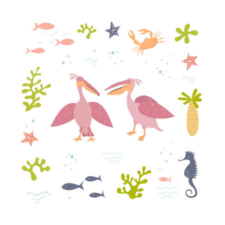 Vector set of two pink pelicans and sea items. Pelicans in a marine frame. Hand drawn illusatration.のイラスト素材