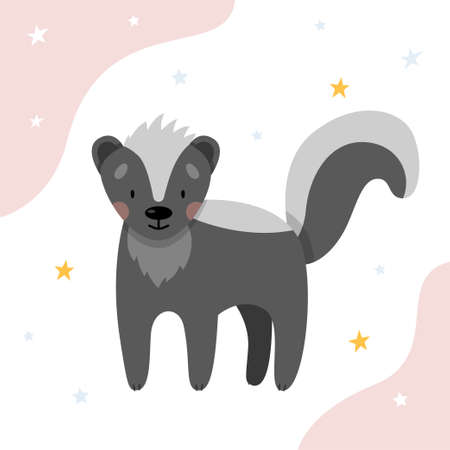 A cute skunk for children on a white background with stars. Cute animals for nursery.のイラスト素材