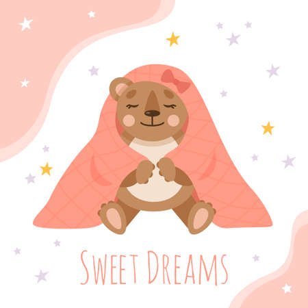 Sleeping teddy bear in a pink blanket. Cute animals for nursery. Vector flat illustration for children.のイラスト素材