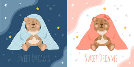 Two scenes with sleeping teddy bear in a blanket. Boy and girl bears. Cute animals for nursery. Vector flat illustration for children.のイラスト素材