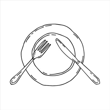 Plate with fork and knife. Cultery. Table settings. Simple food icon in hand drawn style isolated on white background.のイラスト素材