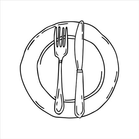 Plate with fork and knife. Cultery. Table settings. Simple food icon in hand drawn style isolated on white background.のイラスト素材
