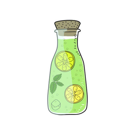 Lemonade bottle in hand drawn style isolated on a white background. Lemonade with mint and lemon. Vector illustration.のイラスト素材