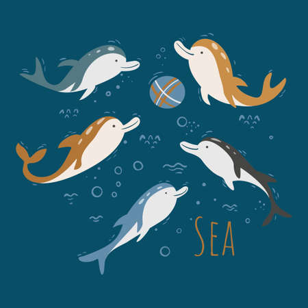 Vector collection of dolphins isolated on a blue background. Set of cute dolphins play ball. Vector flat illustration.のイラスト素材