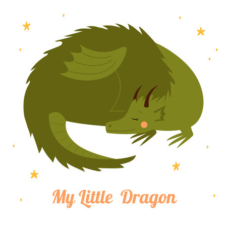 Cute green dragon. Character from a fairy tale isolated on a white background. Print for t-shirt. Vector Illustration for children.のイラスト素材