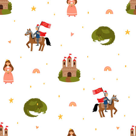 Seamless vector pattern with fairy tale characters. Princess, knight, dragon and castle isolated on a white background. Vector flat illustration.のイラスト素材