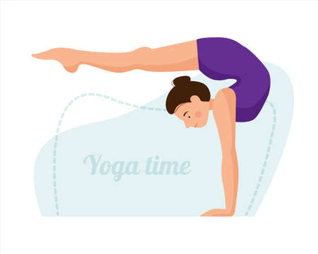 Vector scene with balance in yoga. Girl is practicing yoga isolated on a white background. Woman doing handstand. Vector flat illustration.のイラスト素材