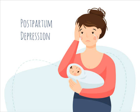 Postpartum depression. A woman is crying and holding a crying baby. Maternity crisis.のイラスト素材