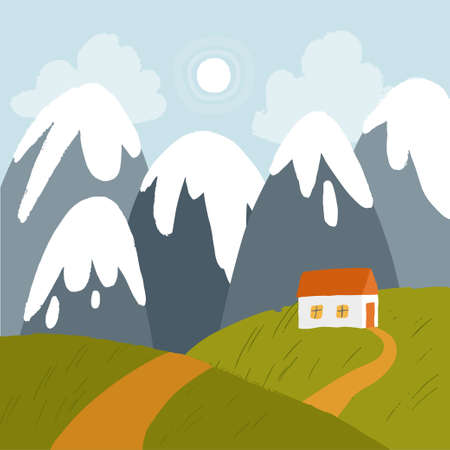 Vector landscape with snowy mountains, sun and white house on a green hills. The road to the mountain house. Vector hand drawn illustration.のイラスト素材
