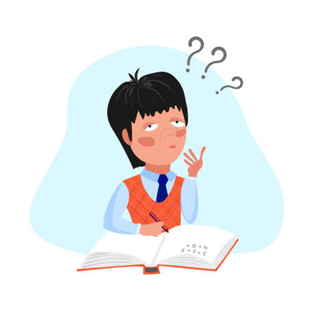 A boy in a school uniform makes homework. The boy is studying. The student is sitting with a book.のイラスト素材