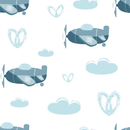 Seamless vector pattern with planes isolated on a white background. Children illustration. Vector hand drawn illustration.のイラスト素材