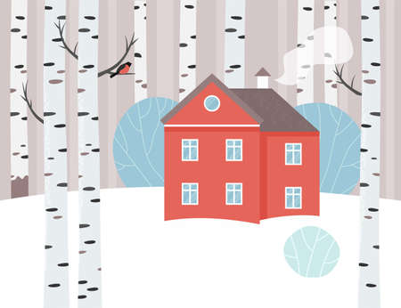 Cute red house in a birch forest. Cottage in the winter snowy forest. Bullfinch on a branch. Vector flat illustration.のイラスト素材