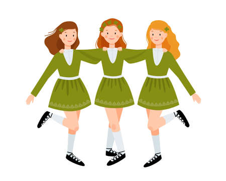 Three cute girls in green dresses are dancing together. Irish dancers isolated on a white background. Vector flat illustration.のイラスト素材