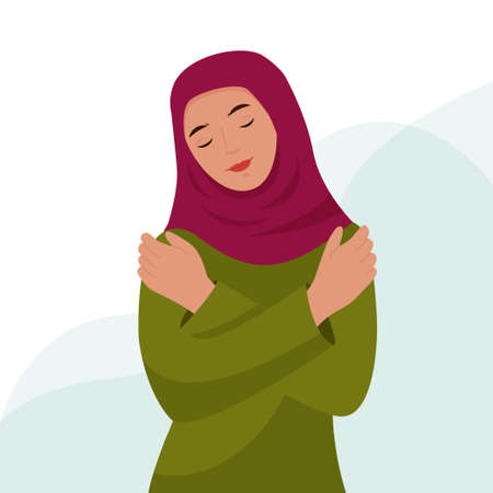 Muslim woman in headscarf hugs herself by the shoulders. Arabic girl loves her body and takes care of herself. Love yourself concept. Self care. Vector flat illustration.のイラスト素材