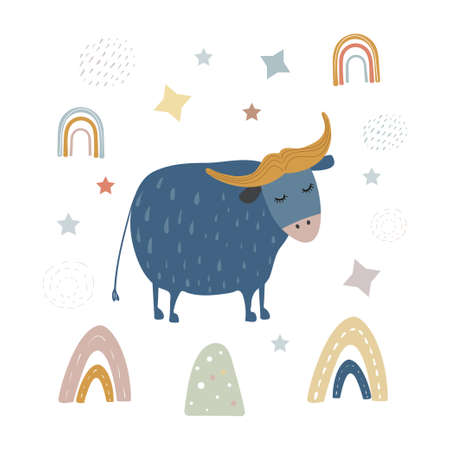 Cute cow in simple hand drawn style. Bull with stars and rainbows isolated on a white background. Nursery bedroom. Vector illustration for children.のイラスト素材
