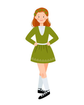 Cute girl in green dress are dancing. Irish dancer isolated on a white background. Vector flat illustration.のイラスト素材