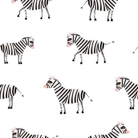 Seamless vector pattern with cute zebras isolated on a white background. Vector flat illustration.のイラスト素材