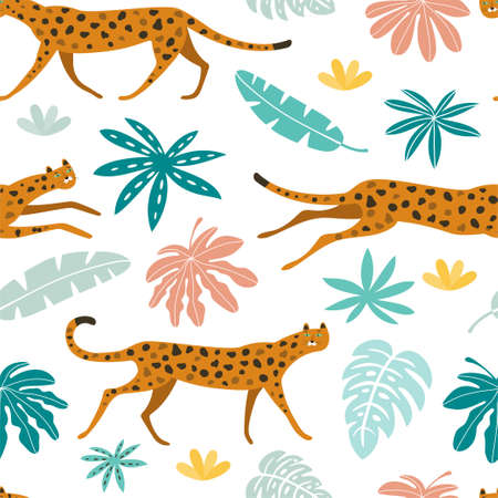 Seamless vector pattern with leopards and tropical leaves. Wild cats in the jungle.のイラスト素材