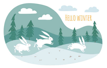 Winter landscape with snow fields. White hares run through the meadows.のイラスト素材