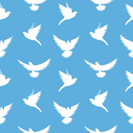 Seamless vector pattern with white pigeons on a blue background.のイラスト素材