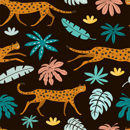 Seamless vector pattern with leopards and tropical leaves. Wild cats in the jungle on a black background.のイラスト素材