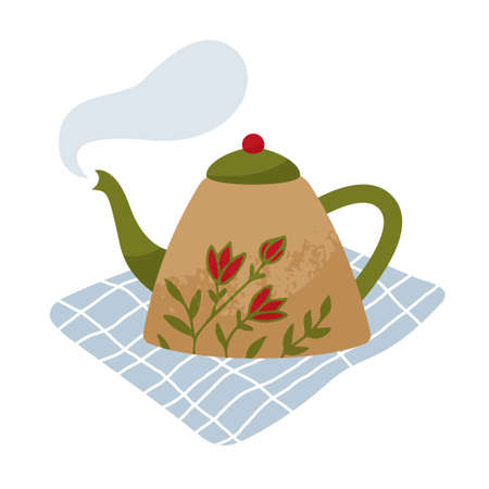 Porcelain teapot with a floral ornament stands on a napkin. Ceramic kettle in hand drawn style.のイラスト素材