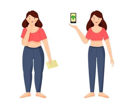Weight loss. Scene of sad woman with overweight and happy woman with slim body isolated on a white background. Diet Mobile App.のイラスト素材