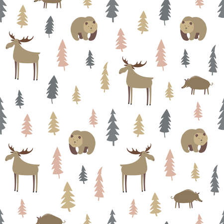 Seamless vector pattern with forest animals and trees on a white background. Moose, bear, boar and fir trees. Vector flat illustration.のイラスト素材