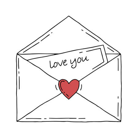 Letter with a heart and the inscription love you. Mail in doodle style. Valentines day. Vector illustration.のイラスト素材