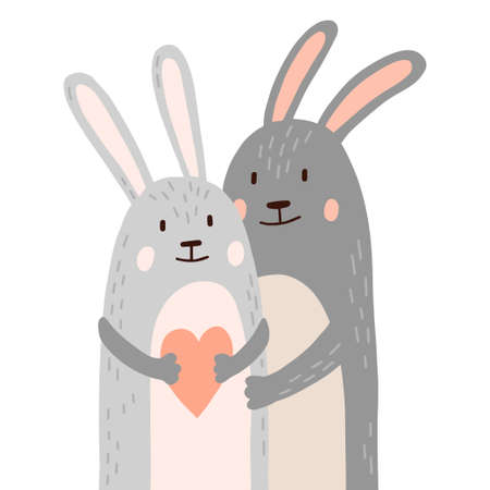 Two cute gray bunnies or rabbits are hugging and holding a heart. Valentines day.のイラスト素材