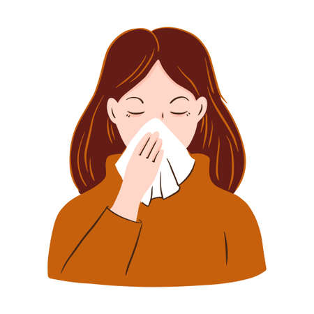 Portrait of a cold woman with a runny nose and a handkerchief. The girl is sick with coronavirus or flu. Vector hand drawn illustration.のイラスト素材