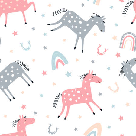 Seamless vector pattern with cute pastel horses and rainbows. Pony and rainbows for kids. Children print.のイラスト素材