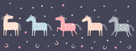 Vector border with cute pastel horses isolated on a black background. Pony set for kids.のイラスト素材