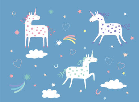 Vector set with white unicorns, clouds and rainbows on a blue background. Vector illustration for...