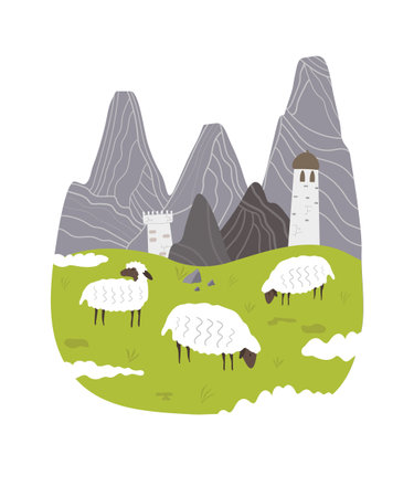 White sheep with black muzzles graze in a meadow. Vector landscape with fields and mountains.のイラスト素材