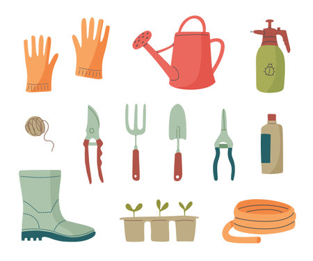 Vector collection of gardening tools isolated on a white background. Garden work. Farming set.のイラスト素材