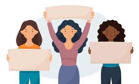 Women stand with blank signs in their hands and protest. Girl holding a blank poster with place for text. Fight for womens rights. Vector flat illustration.のイラスト素材
