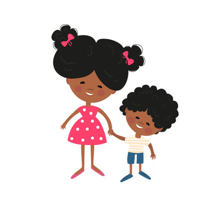 African American mother with son. Woman with a child. Sister with younger brother. Mothers Day.のイラスト素材