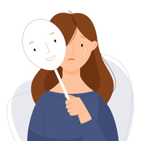 A woman hides her emotions behind a mask. Girl crying and holding a happy mask. Vector flat illustration.のイラスト素材