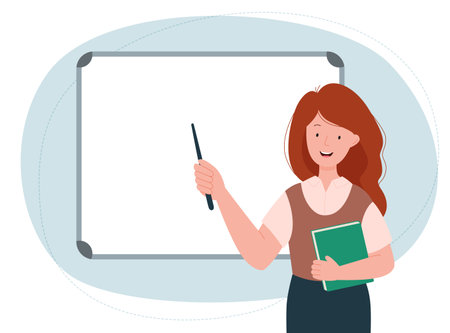 Female teacher in classroom. Woman pointing something on a white marker board with a pointer. School and learning concept. Teachers day.のイラスト素材