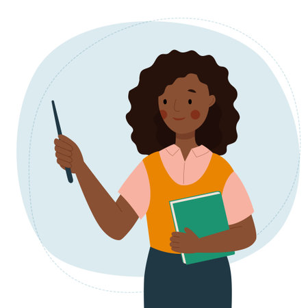 Female teacher. Cute african woman stands with pointer and book. School and learning concept. Teachers day. Vector flat illustration.のイラスト素材