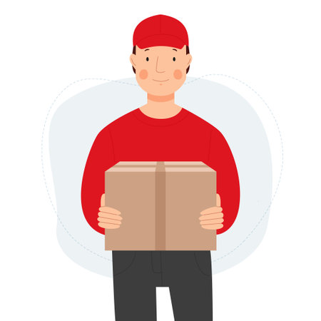 A male courier in a red uniform carries a cardboard box. The man delivers a package. Vector flat illustration.のイラスト素材